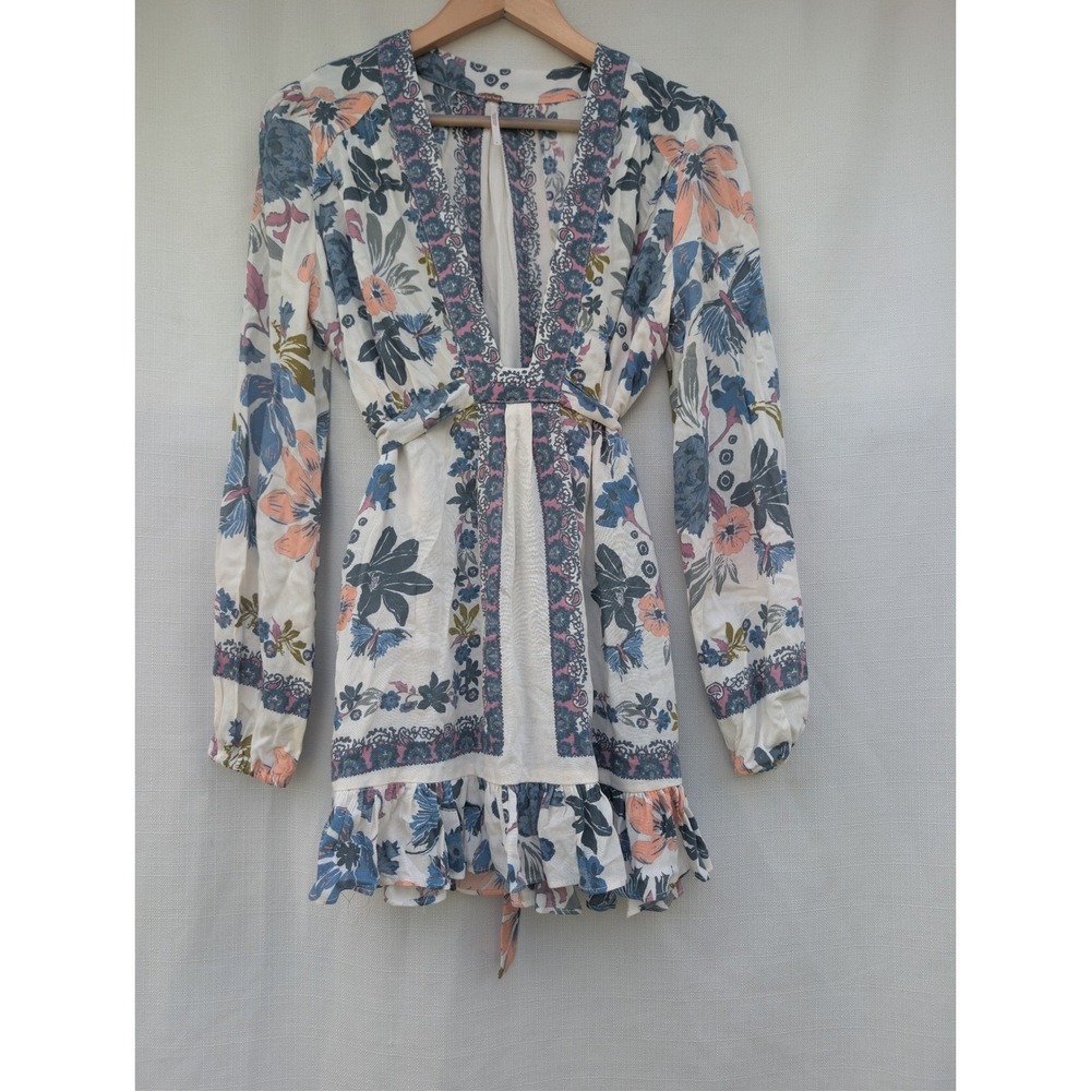 Free People RomCom Mini Dress Womens 6 Ivory Blue Rayon Y2K Boho Plunge Peasant